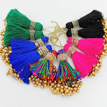 Royal Blue Tassels With Gold Beads, Beaded Thread Tassel Charms, Silky Tassels